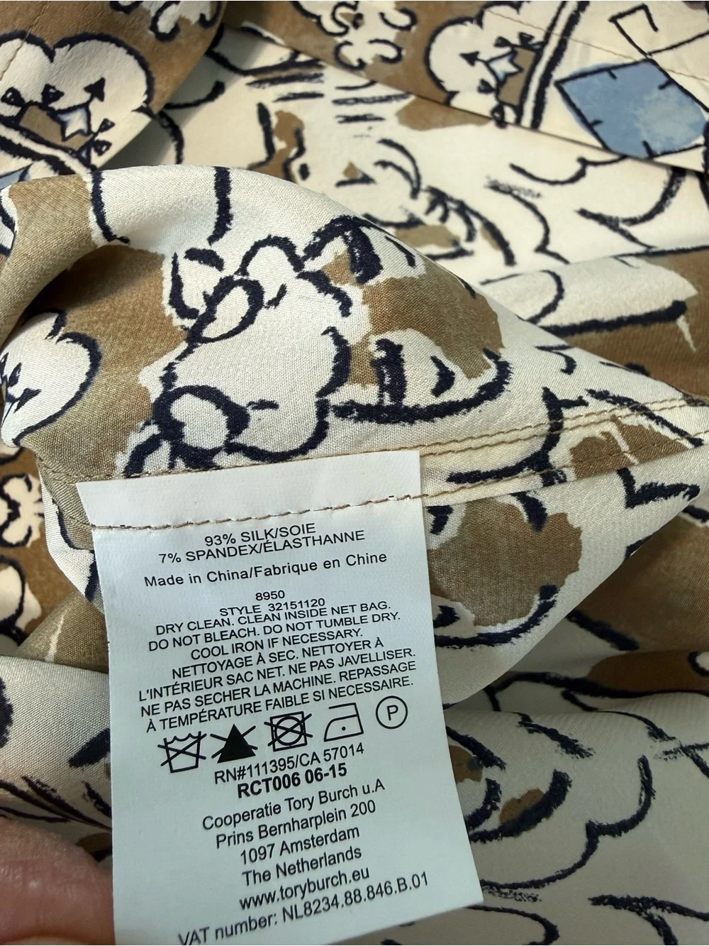 Tory Burch Silk Tie Neck Button Down Floral Tunic Blouse Taupe Cream Size 4